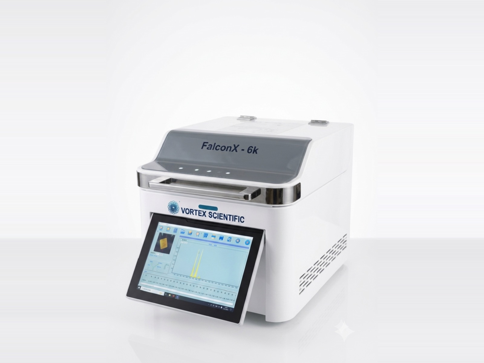 FalconX-6k benchtop XRF gold analyser with a live element spectrum on its touchscreen