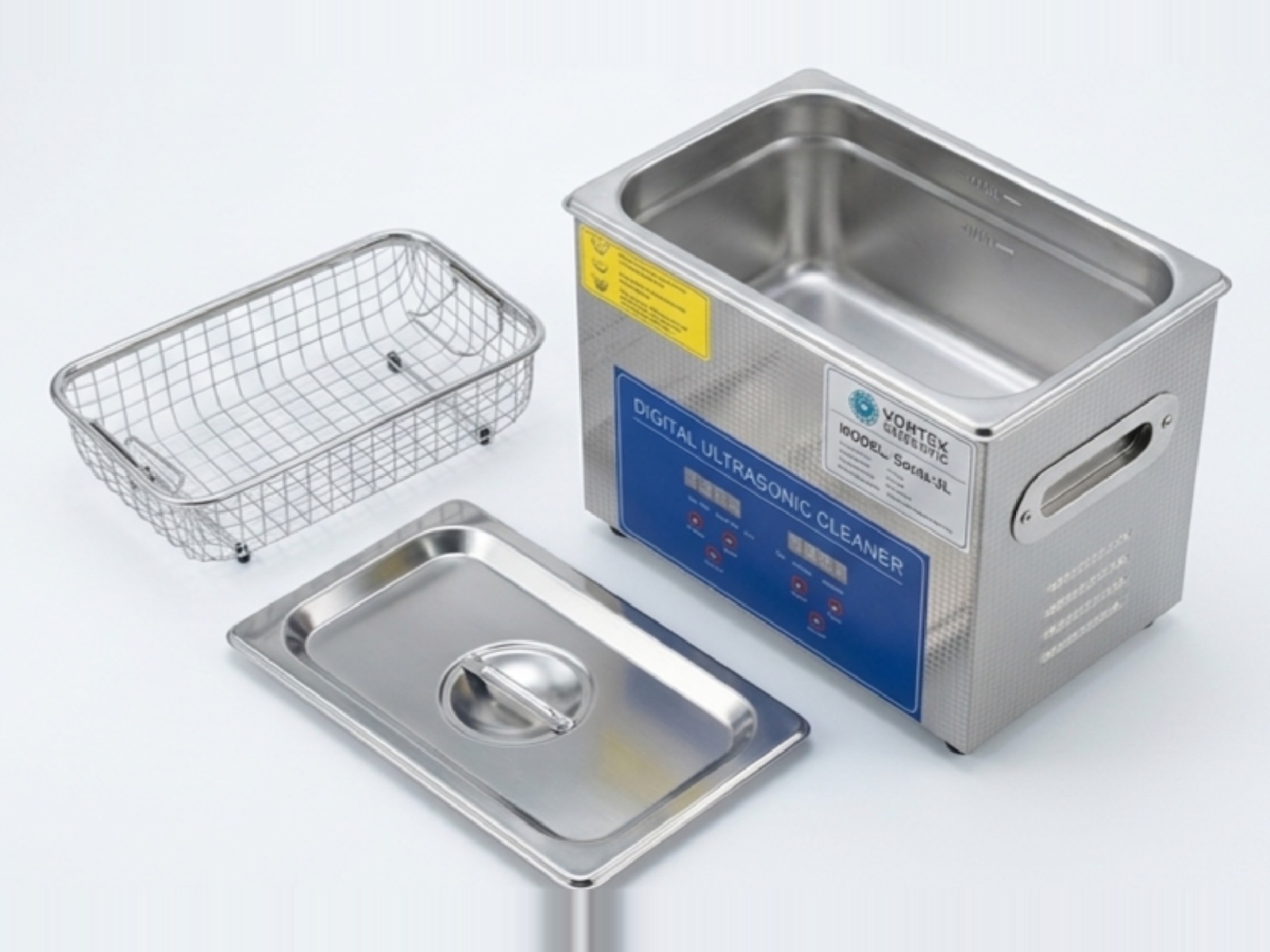 Vortex Sonix 3L digital ultrasonic cleaner with its stainless basket and lid alongside the tank