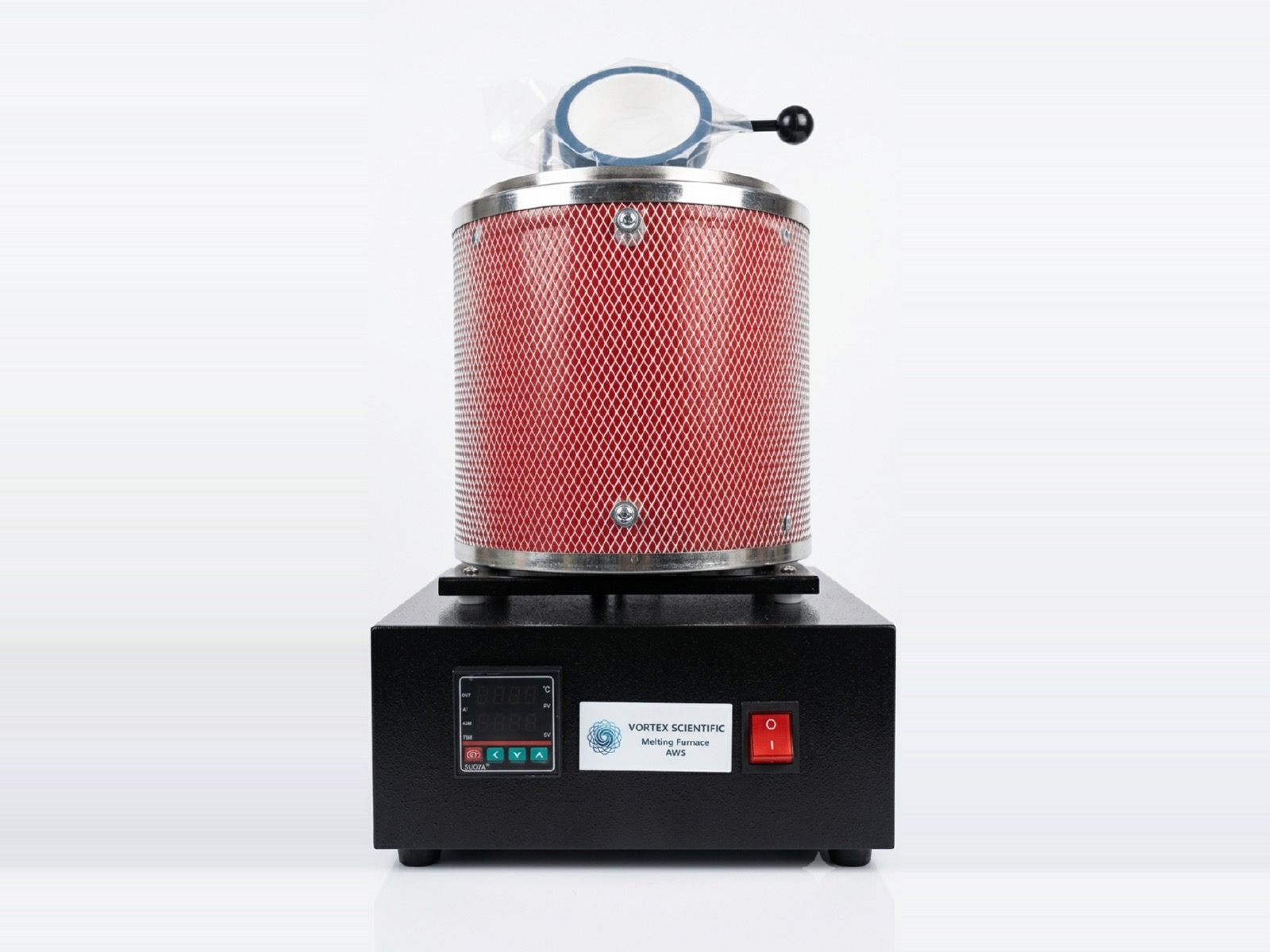Vortex Vulcan induction melting furnace, front view showing the digital temperature controller and the swing-away pouring lid